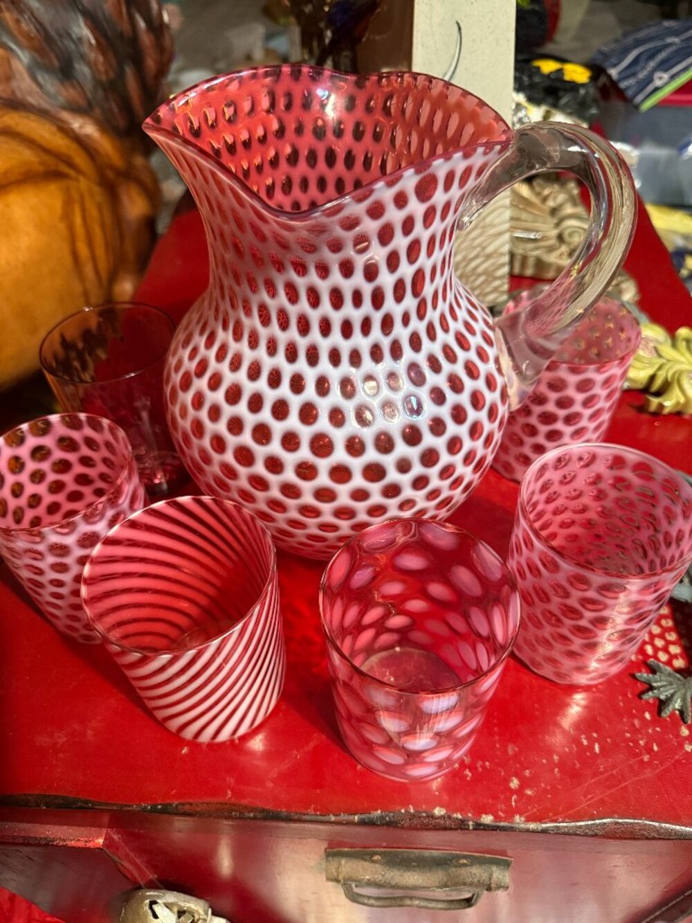 Fenton Curated Eclectic 5-Piece Set-Cranberry Opalescent "Coin Dot" pitcher.